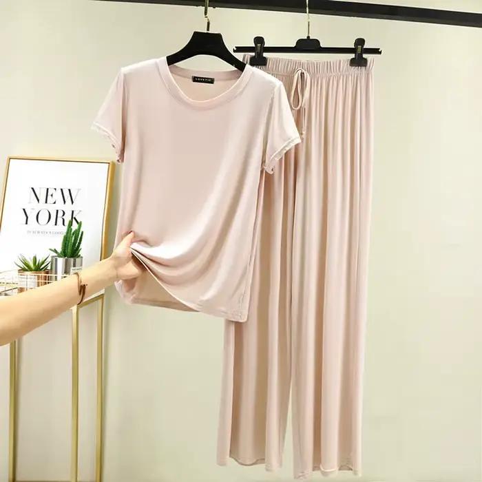 Pyjama en coton modal à manches courtes pour femmes, vêtements d'été minces, pantalons décontractés en titane, vêtements de maison amples, deux pièces