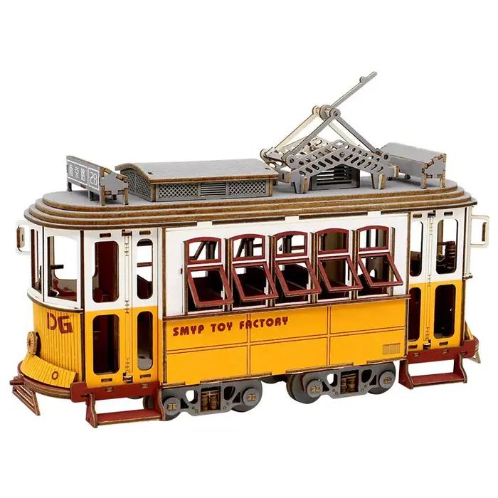 Puzzle 3D en bois Tram : Modèles réduits de tramway, station, voiture rétro, bus, bateau à voile, avion – Jouet d'assemblage DIY pour enfants – Cadeau