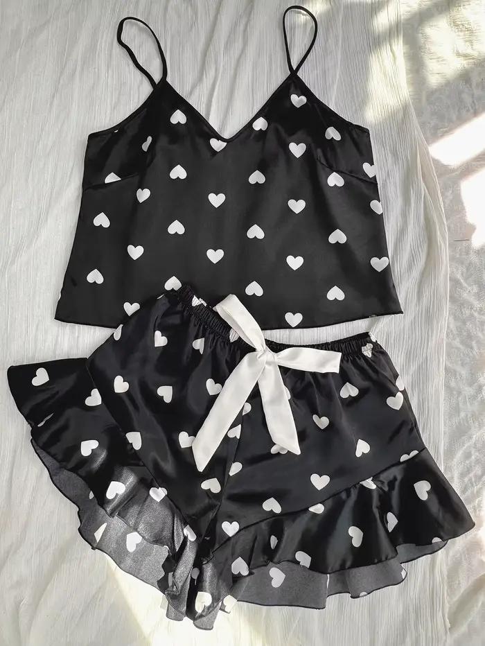 Pyjama mignon à imprimé cœur pour femme, ensemble haut à col en V et short, vêtements de détente sexy et tendance pour la maison