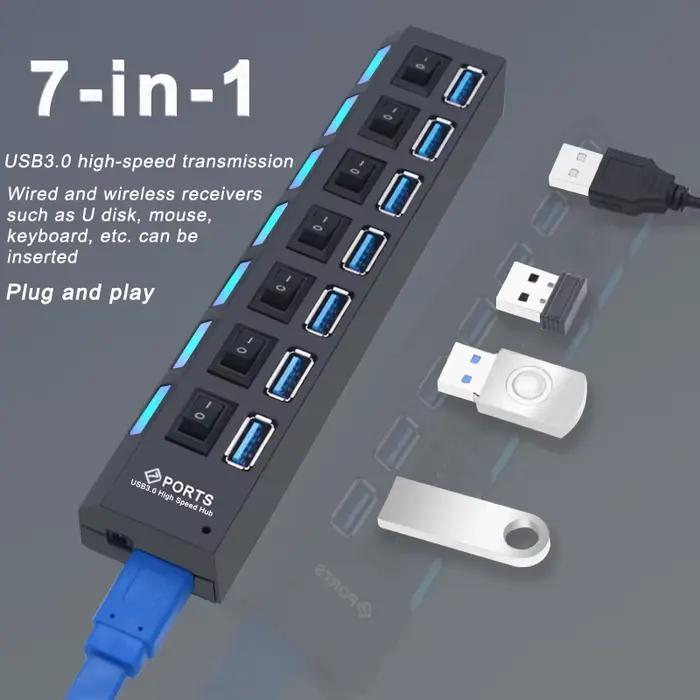Répartiteur USB 3.0 avec interrupteur pour PC, adaptateur d'alimentation, extenseur multiple, hub 2.0, USB 3, USB 4/7, 2.0 ports