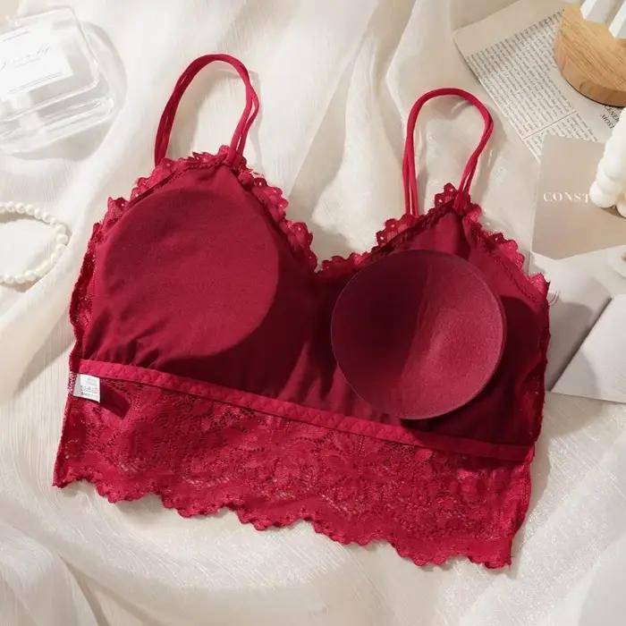 Costume de soutien-gorge en dentelle pour femmes, ensemble solide, beau dos ajouré, sans anneau en acier, sous-vêtements avec dentelle fleur, culotte respirante