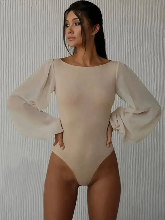 Body sexy pour femme noir, blanc, kaki, moulant, à manches longues, une pièce, en maille, style Y2K, col rond, PWE7