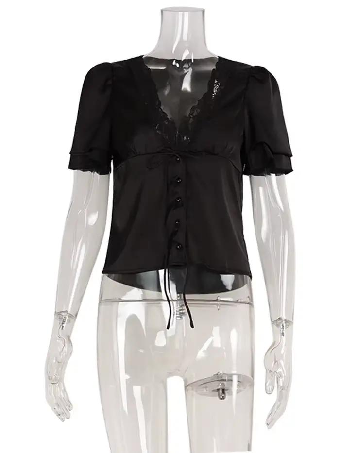 Ahagaga décontracté haut pour femme solide dentelle col manches courtes Satin mince bouton régulier Eelgant Streetwear t-shirts femme basique t-shirts