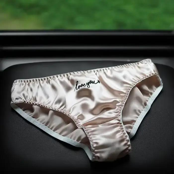 Love You-Slip audible en satin de soie de mûrier brodé pour femme, sexy, doux, bactériostatique, respirant