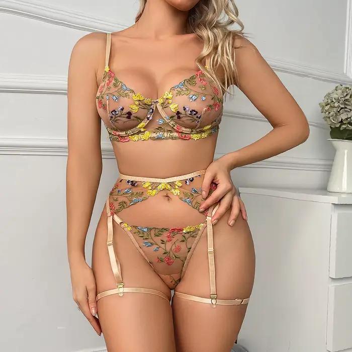 HIMEALAVO Lingerie sensuelle sous-vêtements en dentelle broderie transparente jarretelles 3 pièces fantaisie beaux kits de soins de la peau courts intimes