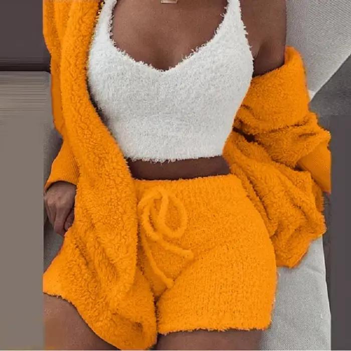 Ensemble pyjama moelleux pour femmes, vêtements de nuit décontractés, débardeur et short, grande taille, sweat à capuche, loisirs, hiver, 3 pièces