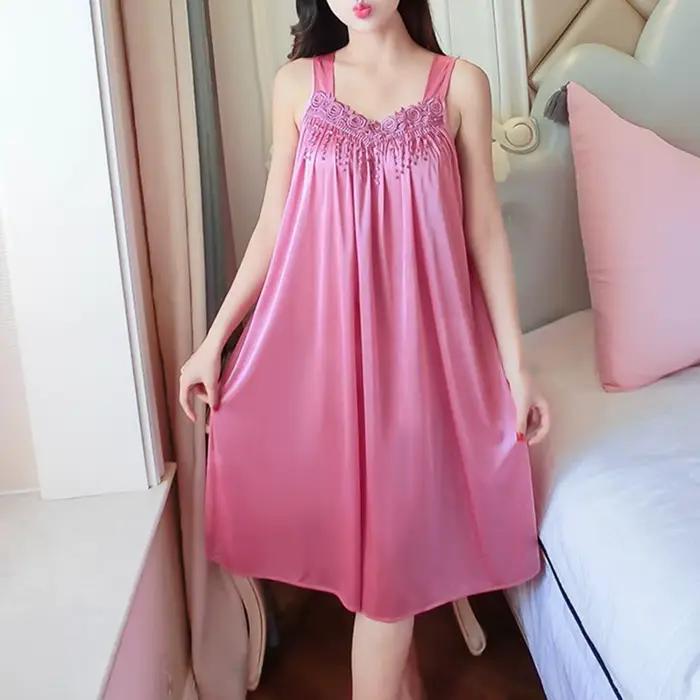 Dame pyjamas couleur unie dentelle lisse Patchwork robe de nuit confortable ventiler décontracté mode été femmes robe de nuit nuisette