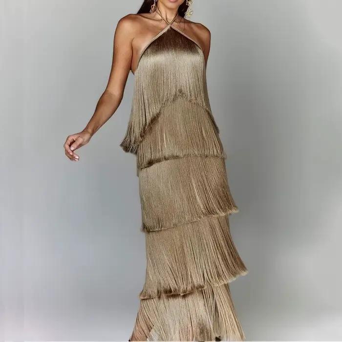 Robe de soirée Chic pour femmes, couleur métallique, Sexy, col licou, à lacets, élégante, dos nu, sans manches, superposée, Slim