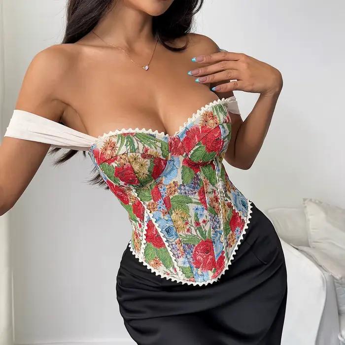 Corset en arête de poisson imprimé Jacquard pour femme, Sexy, épaules nues, Camisole, haut court, col licou, gilet Slim, gilet français d'été