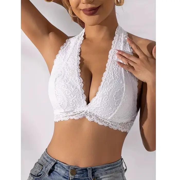 Grande taille Sexy dentelle florale dos nu licou soutien-gorge confortable et respirant col en v profond sans couture sans fil soutiens-gorge femmes sous-vêtements