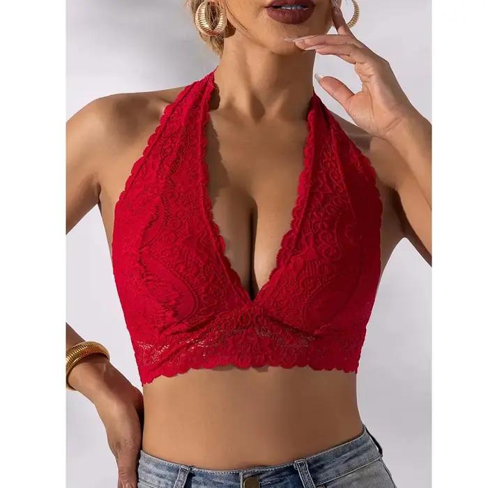 Grande taille Sexy dentelle florale dos nu licou soutien-gorge confortable et respirant col en v profond sans couture sans fil soutiens-gorge femmes sous-vêtements