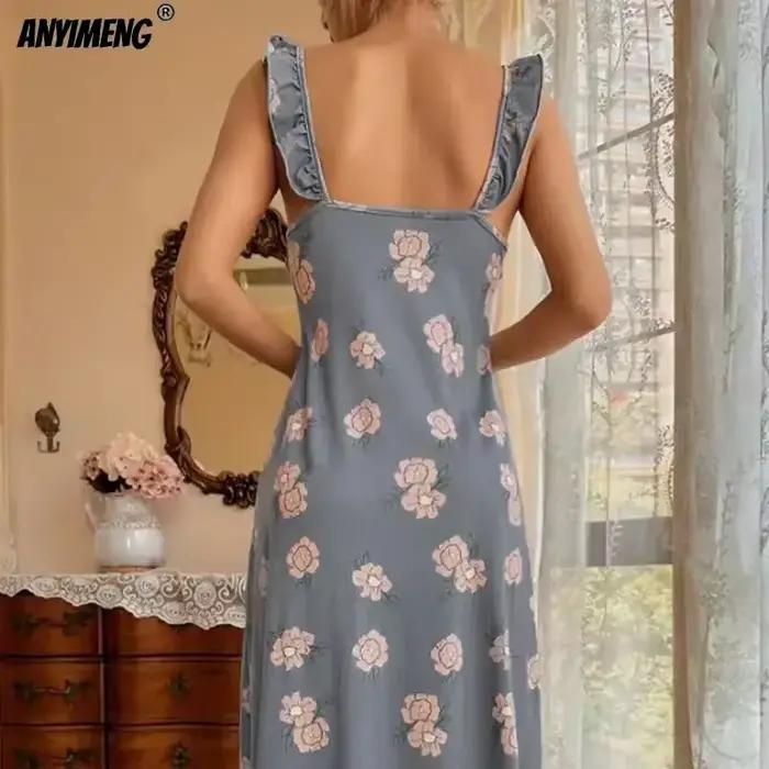 Robe de Nuit Rétro à Volants pour Femme, Tenue Élégante, Chic, Slim, Lingerie, Zone Florale, à la Mode, pour Été