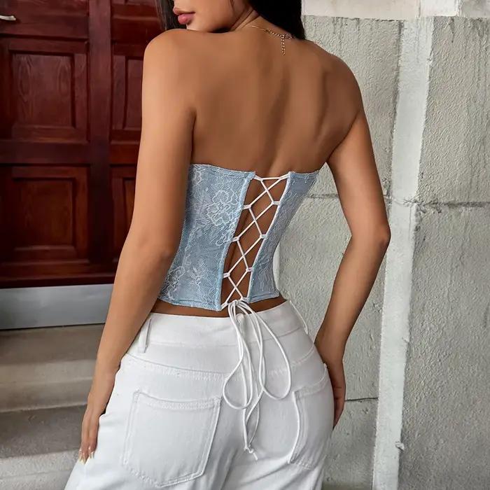 Corset en dentelle bleu clair pour femmes, sans bretelles, coupe ajustée, pour les sorties nocturnes, les événements en club, la mode quotidienne, corset sexy