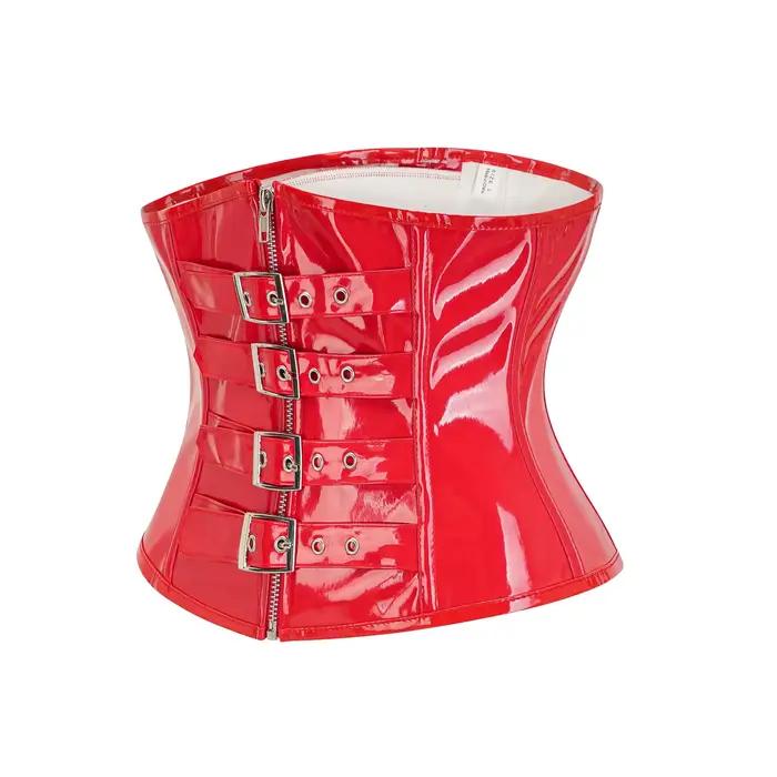 Corset Gothique Steampunk pour Femme en Cuir PU Brillant PVC, Corselet Amincissant Sous la Poitrine, Bustier Sexy, Gaine Amincissante Noir Rouge