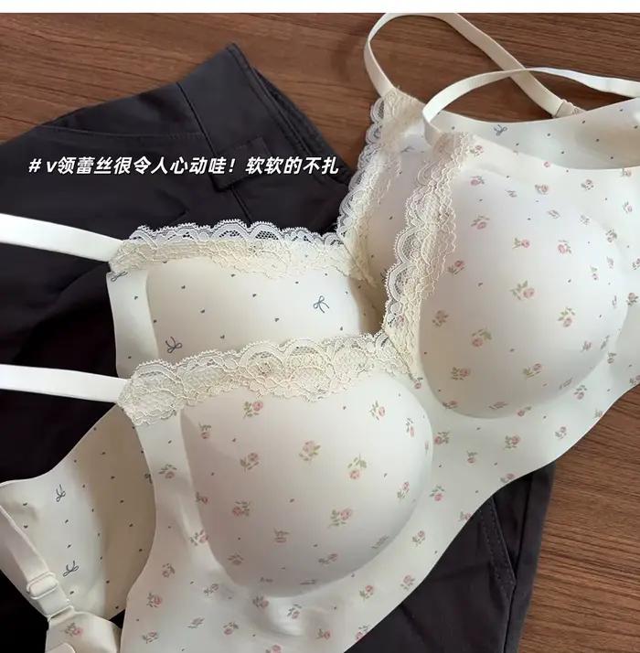 Lingerie française à imprimé floral pour femmes, petits seins, bords en dentelle douce, respirante et jantes pour filles