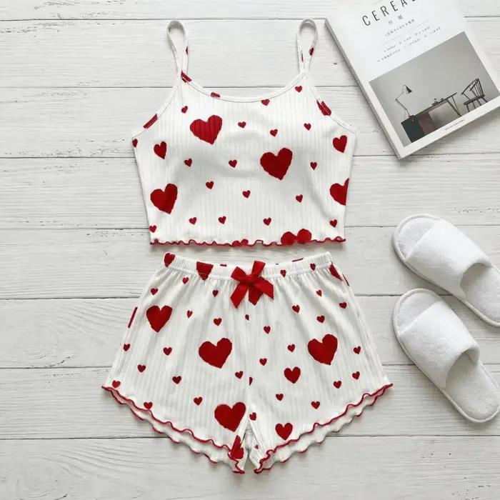 Ensemble de pyjama pour femme Fashion Love Heart, tenue d'intérieur, pyjama deux pièces avec nœud, pyjama d'été, camisole et short pour fille