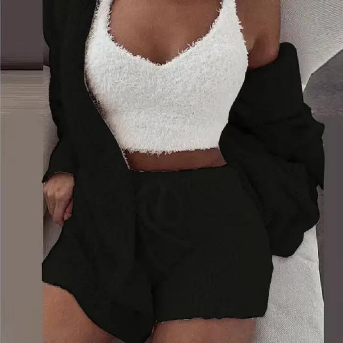 Ensemble pyjama moelleux pour femmes, vêtements de nuit décontractés, débardeur et short, grande taille, sweat à capuche, loisirs, hiver, 3 pièces