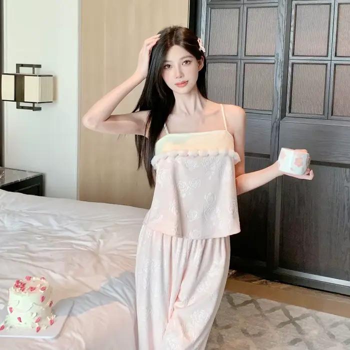 Pyjama 3 pièces en Jacquard Rose pour femmes, manches longues, pantalon Long, ensemble de vêtements de maison, Style princesse, vêtements de détente en velours, nouvelle collection
