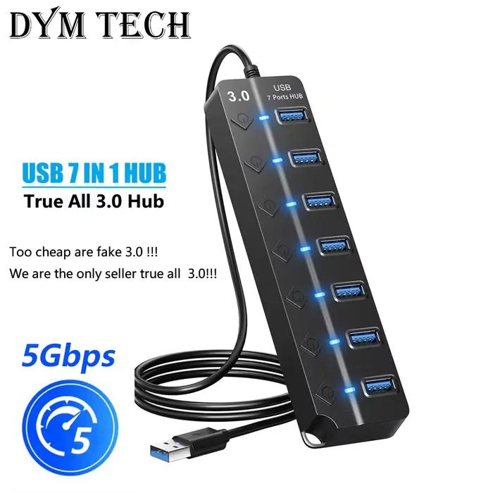Répartiteur USB Hub 3.0 multiprise, haute vitesse, 7 ports, 5Gbps, adaptateur d'alimentation avec interrupteur, câble Long avec plusieurs Hub d'extension