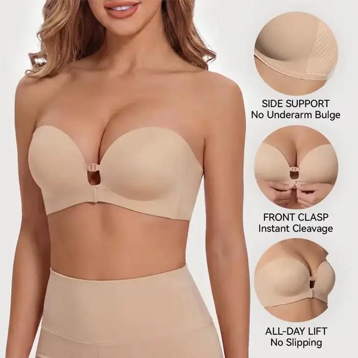 Soutien-gorge sans bretelles à fermeture frontale, rembourré, push-up, antidérapant, sans armatures, soutien-gorge tube sans couture, avec bonnets intégrés
