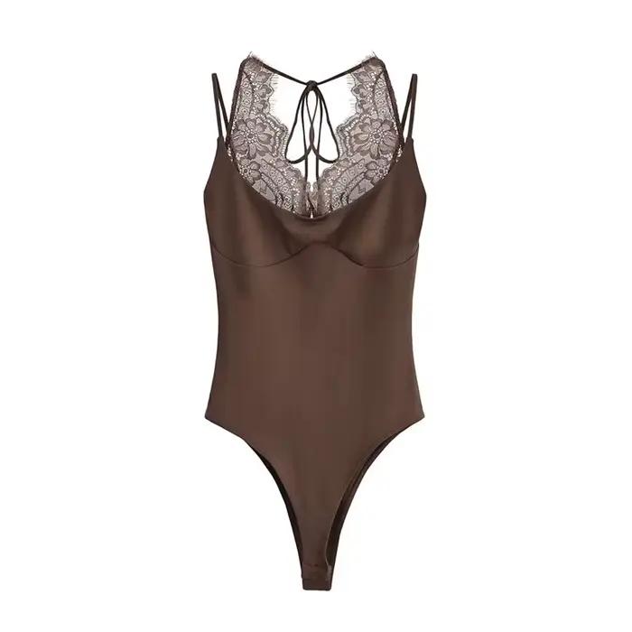 Combinaison rose sexy pour femme, idéale pour les soirées en boîte de nuit, combinaison moulante sans manches avec dentelle, haut slim tendance pour femme 2026
