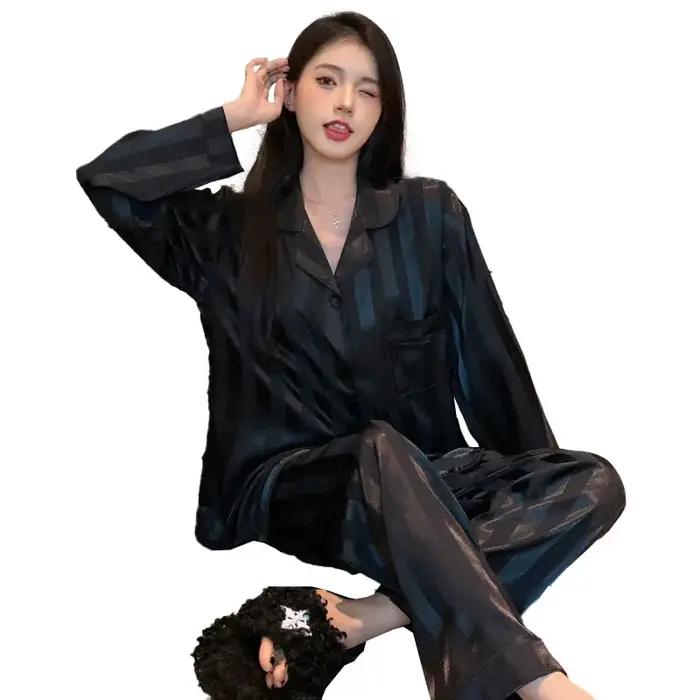 Pyjama pour filles de style français, printemps et été, haut à manches longues en soie glacée et pantalon long, ensemble de vêtements de maison décontractés et simples