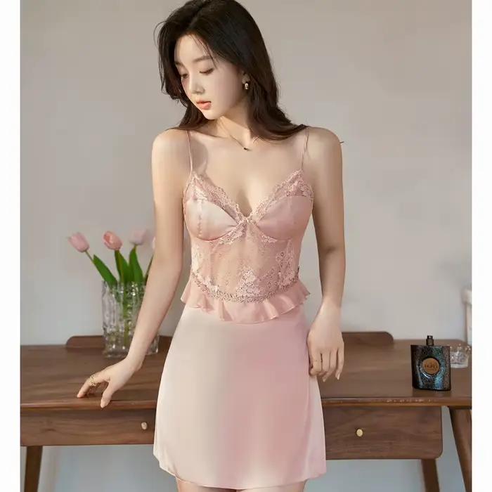 Chemise de nuit en dentelle rose pour femmes, Sexy, à bretelles, vêtements de nuit, robe de chambre, été, Satin soyeux, peignoir, vêtements de détente