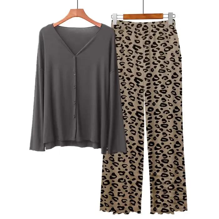 Pyjamas femme offre vêtements de nuit Modal confort femmes maison vêtements imprimé léopard à manches longues hauts pantalons ensembles Pijamas Mujer