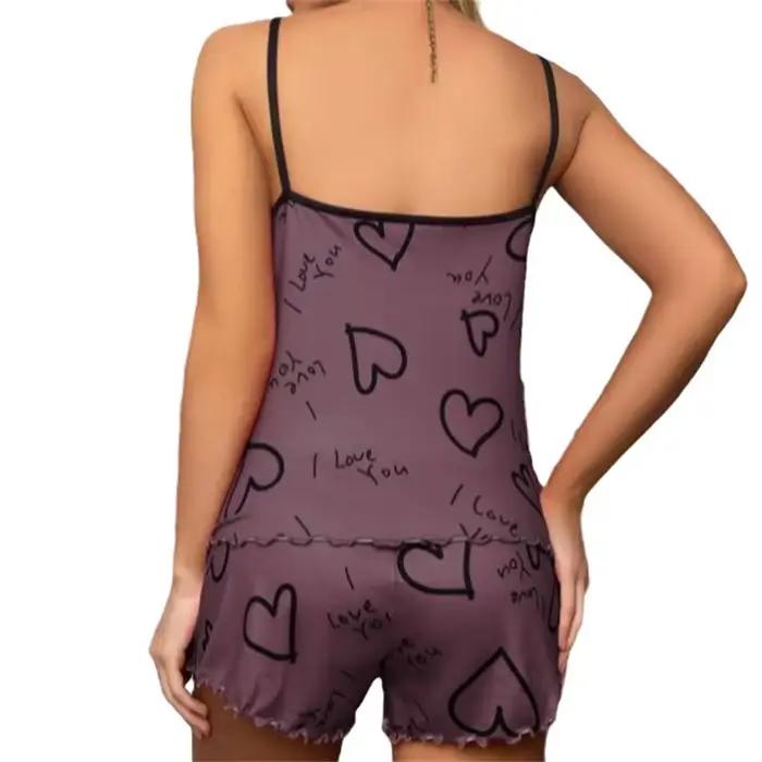 Ensemble de pyjama imprimé en forme de cœur pour femmes, pyjama sexy, ensemble de short et de débardeur en soie plissée, doux et confortable, vêtements de maison doux et mignons