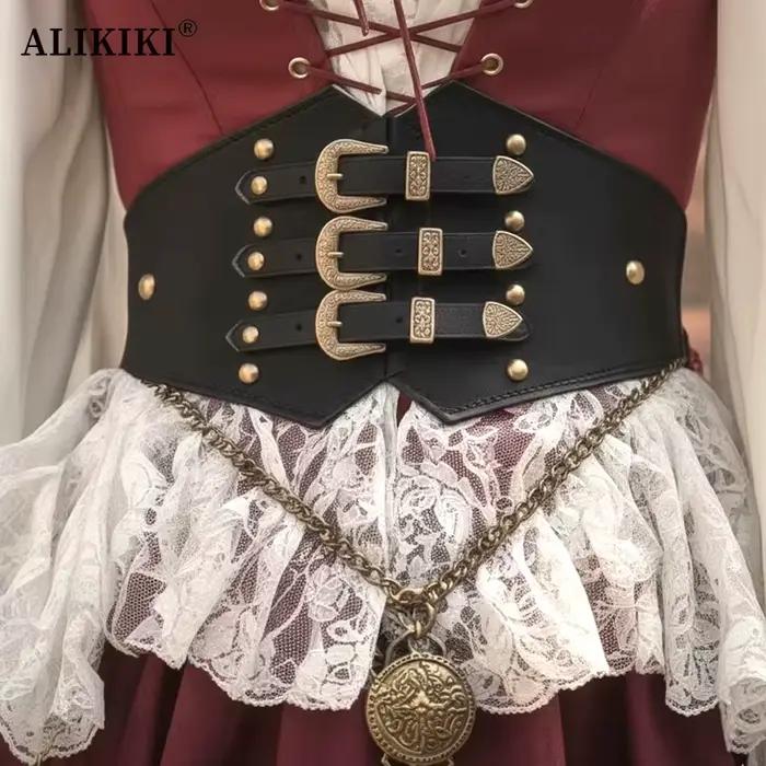 Ceinture Corset Renaissance pour femmes, large ceinture de taille en cuir PU avec boucle dorée pour robes, Costumes de Cosplay quotidiens d'halloween