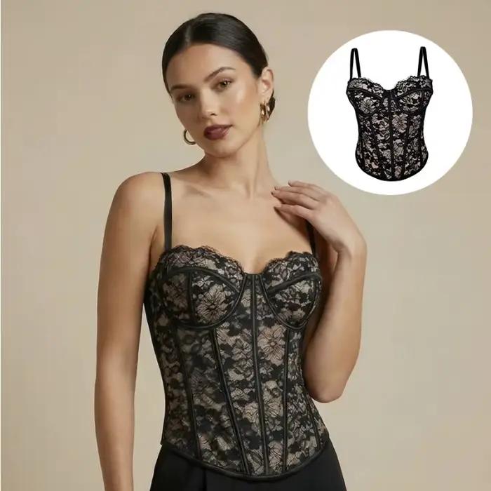 Camisole en dentelle noire sexy, forme rétro, corset à armatures, haut de corset, corset pour femme, hauts de corset pour femmes
