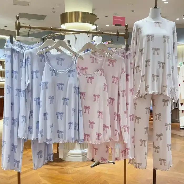 Pyjama confortable de style japonais en modal doux, ensemble de vêtements de nuit à manches longues/bretelles et pantalon, tenue d'intérieur avec imprimé nœud mignon