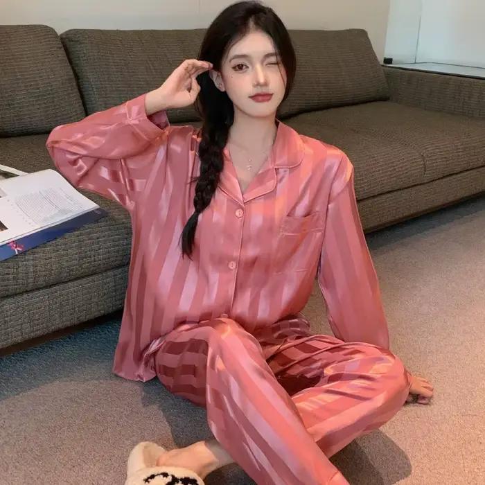 Pyjama pour filles de style français, printemps et été, haut à manches longues en soie glacée et pantalon long, ensemble de vêtements de maison décontractés et simples