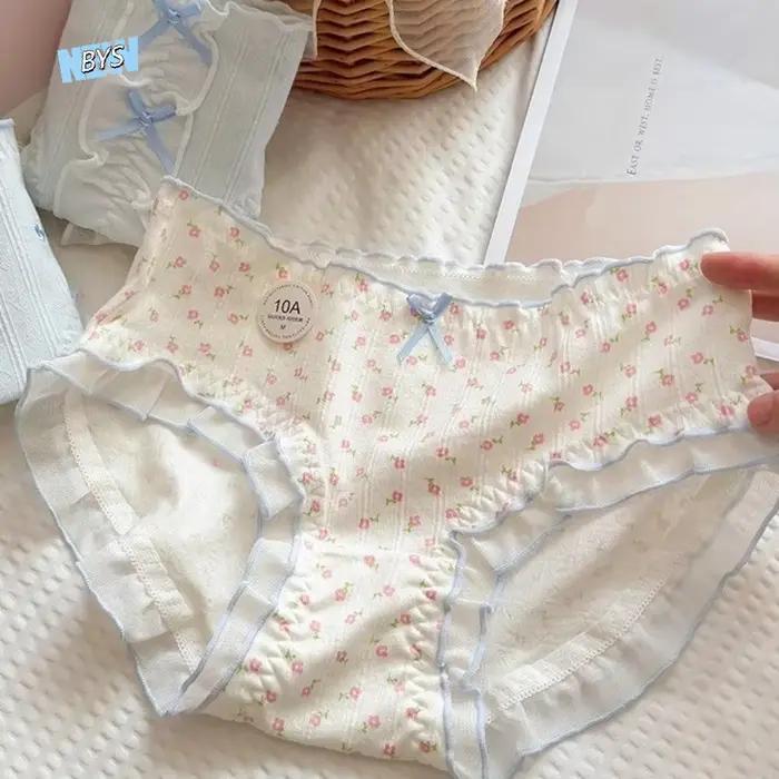 Culottes en coton à nœud floral taille mi-haute confortables pour femme, sous-vêtements à volants motif fleur douce pour fille