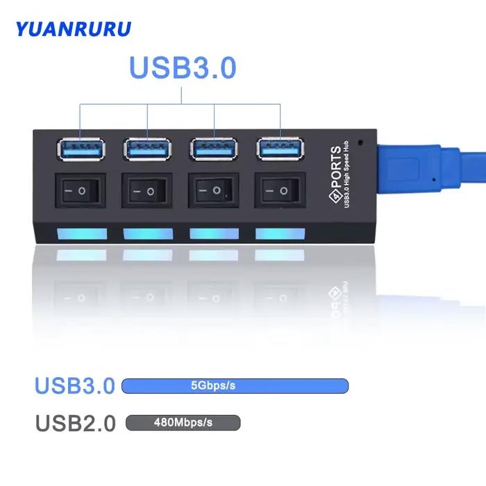 Répartiteur USB 3.0 avec interrupteur pour PC, adaptateur d'alimentation, extenseur multiple, hub 2.0, USB 3, USB 4/7, 2.0 ports
