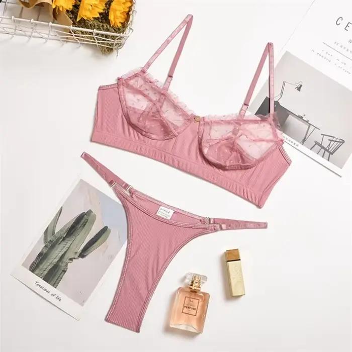 Ensemble de sous-vêtements 2 pièces en dentelle et maille à volants pour femmes, soutien-gorge Transparent, culotte, slip, blanc, Sexy, sans couture