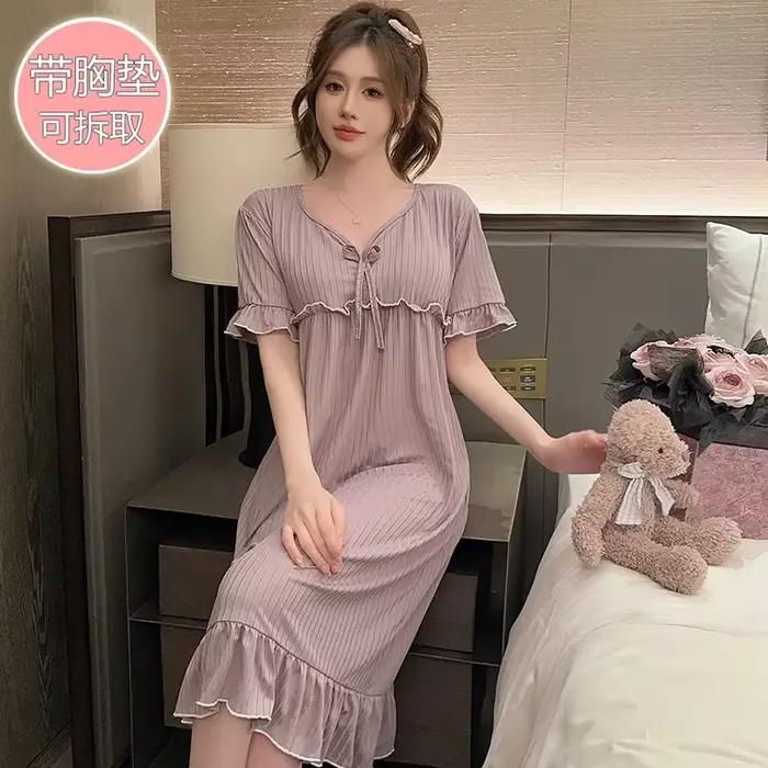 Chemise de nuit sexy en dentelle à manches courtes pour femmes, vêtements de nuit mignons, chemise de nuit à col en V, chemise de nuit en coton, chemise de nuit pour la maison, grande taille, été chau