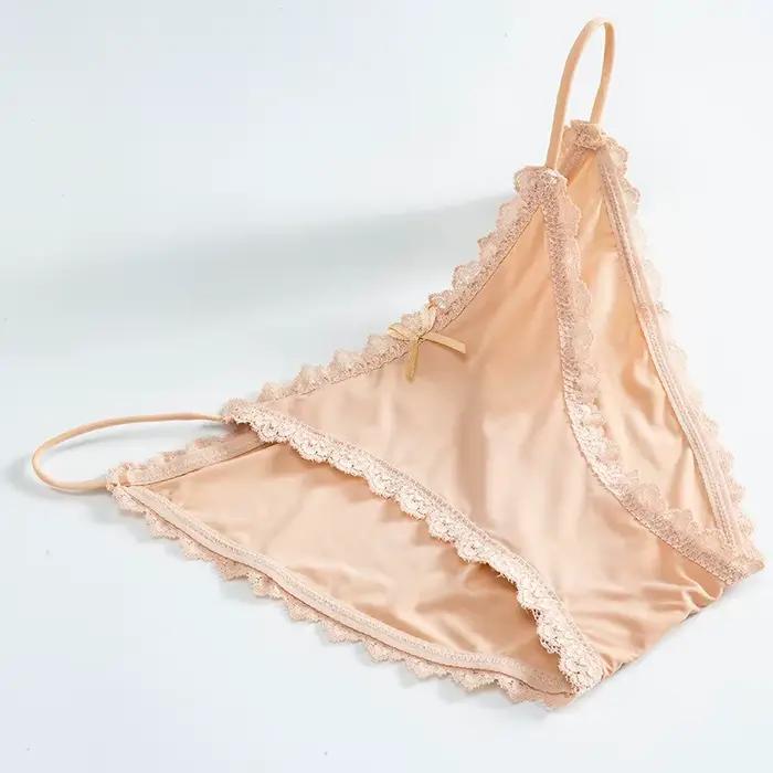 1PC Culotte brésilienne sexy pour femme en soie glacée, avec dentelle, couleur unie, sans couture, taille basse, M-XL