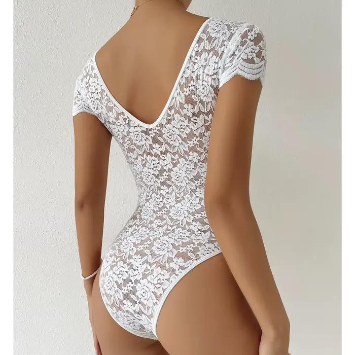 Combinaison une pièce élégante en dentelle blanche pour femmes, costume de batterie, string à col en V, shaper de batterie, vêtements en saillie ajustés, mode Y, sexy