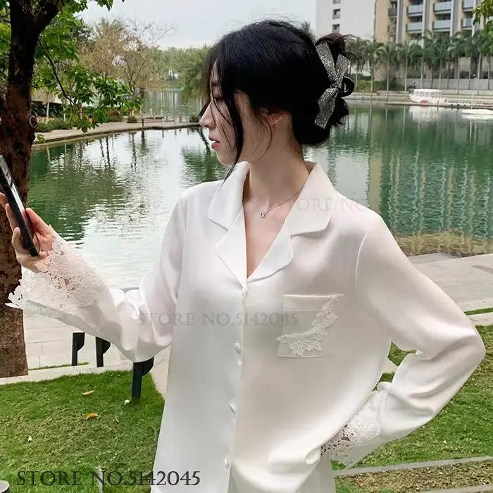 Ensemble de pyjamas de luxe pour femmes, vêtements de nuit élégants en satin de soie blanc avec dentelle, tenue décontractée ample pour la maison