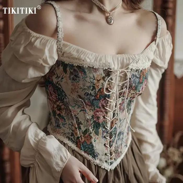 Mignon Vintage Floral Jacquard Corset broderie haut bustier rétro arête de poisson à lacets Corset Renaissance Korset Camisole gilet