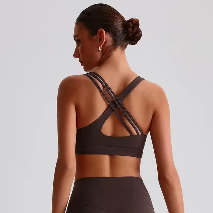 Soutien-gorge de Sport pour femmes, couleur unie, dos croisé, haute résistance, haut moulant, entraînement complet, sous-vêtements de Yoga avec coussinet de poitrine