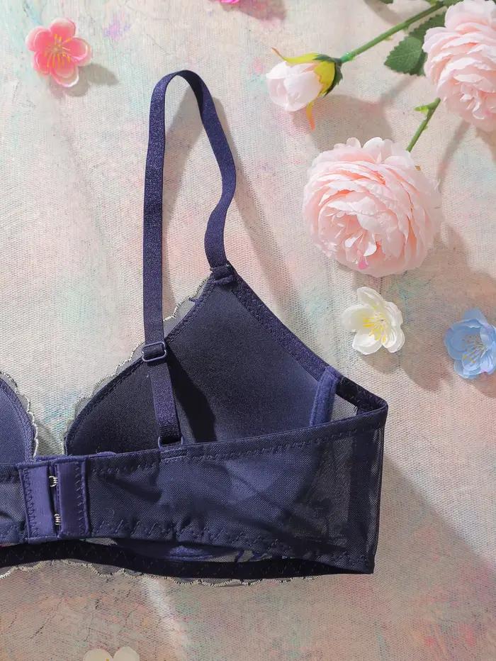 Soutien-gorge brodé floral pour femme, délicat, bleu marine, en dentelle et résille, à armatures, pour usage quotidien