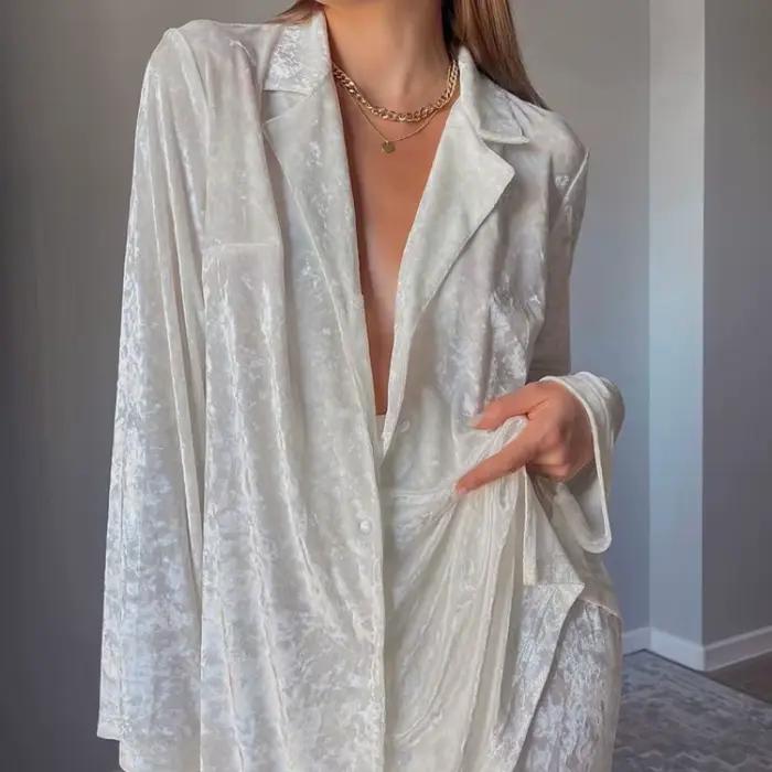 Pyjama de luxe pour femmes, ensemble deux pièces élégant, manches longues, chemise à revers, pantalon à jambes larges, tenues d'automne et d'hiver, vêtements de nuit