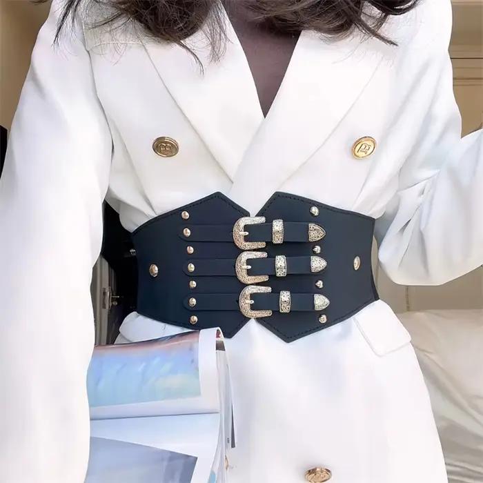 Ceinture Corset Renaissance pour femmes, large ceinture de taille en cuir PU avec boucle dorée pour robes, Costumes de Cosplay quotidiens d'halloween