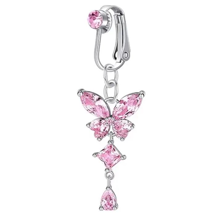 Clip sur nombril anneau papillon cuivre Zircon rose faux ventre Piercing ombilical nombril corps bijoux à la mode Style