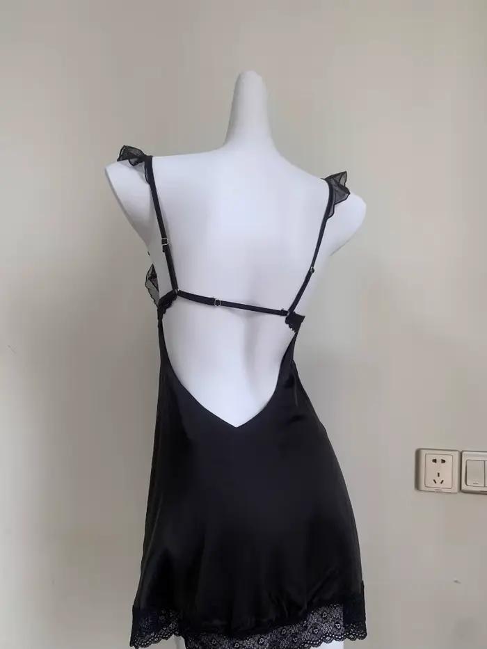 Chemise de nuit en dentelle à volants pour femmes, chemise de nuit à bretelles, col en V français, mini robe de nuit, lingerie sexy, vêtements de nuit, noir, mignon, romantique