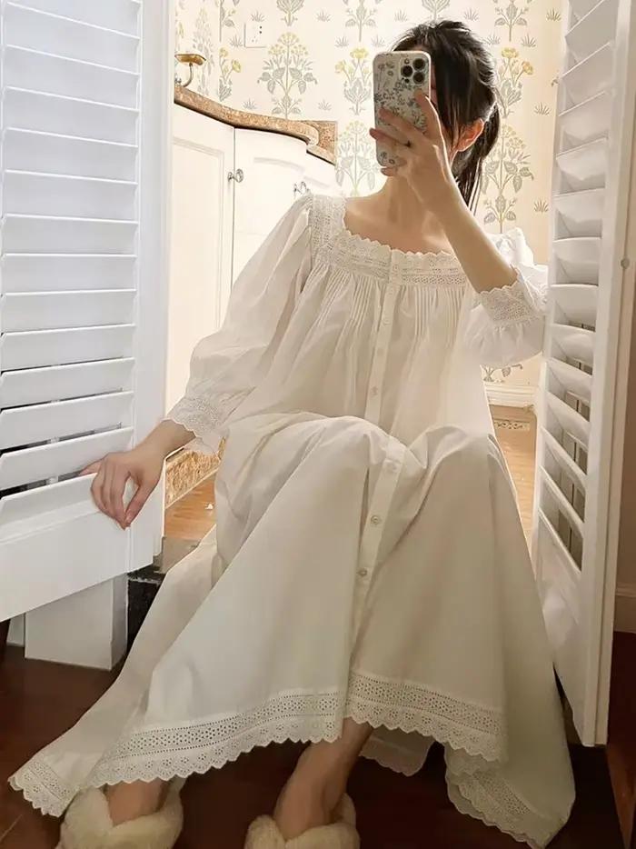 Femmes robe de nuit printemps automne pur coton à manches longues Peignoir romantique Vintage chemises de nuit vêtements de nuit princesse vêtements de nuit