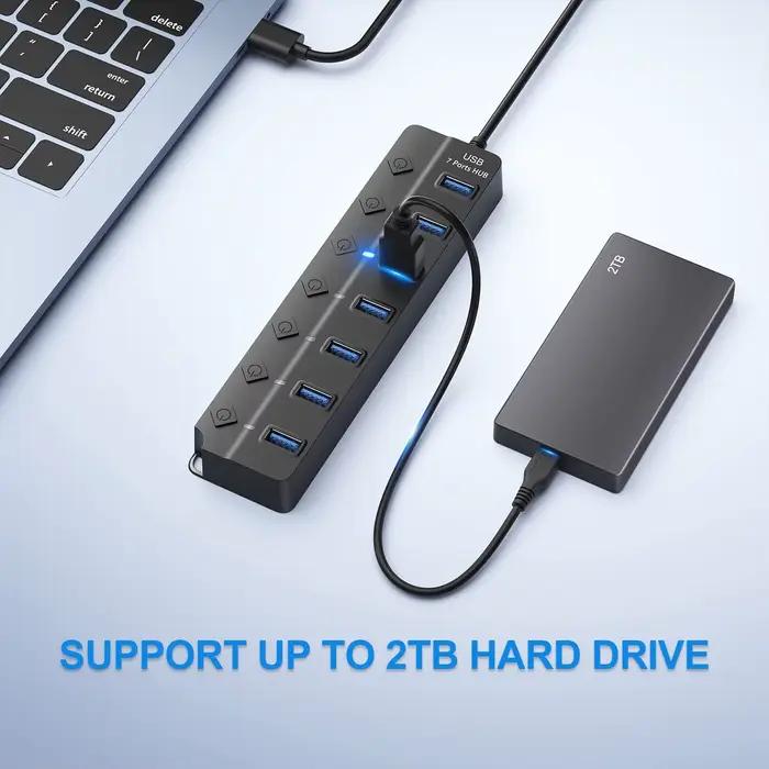 Répartiteur USB Hub 3.0 multiprise, haute vitesse, 7 ports, 5Gbps, adaptateur d'alimentation avec interrupteur, câble Long avec plusieurs Hub d'extension