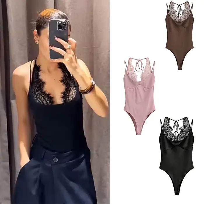 Combinaison rose sexy pour femme, idéale pour les soirées en boîte de nuit, combinaison moulante sans manches avec dentelle, haut slim tendance pour femme 2026